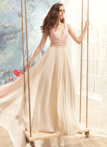 Style #1726L, plunging neckline chiffon A-line wedding dress with beaded lace belt, available in ivory (belt with pink décor), cream-pink