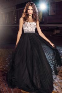 Style #204, illusion neckline evening dress with lace top and flowy tulle skirt, available in black-white, ivory, white