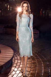 Style #214, knee length fitted cocktail dress with illusion neckline and 3/4 lace sleeves, available in light mint