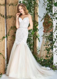 Style #1804L, lace fit and flare wedding dress with sweetheart neckline,spaghetti straps, and tulle skirt, available in ivory and powder