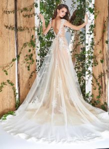Style #1817L, lace wedding dress with illusion plunging neckline, open back, and tulle overlay, available in ivory and caramel