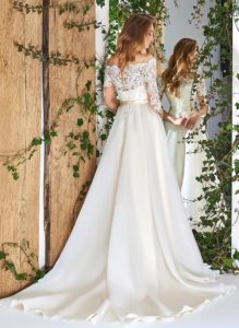 Style #1824L,off the shoulder a-line wedding dress with three-quarter length sleeves, lace over the bodice, and organza skirt, available in ivory and cream