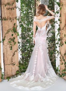 Style #1826L, off-the-shoulder fit and flare wedding dress with illusion lace long sleeves, plunging neckline, low back, and scalloped lace hem, available in light pink and ivory