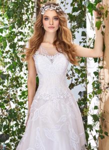 Style #1830L, cap sleeve a-line wedding dress with illusion sweetheart neckline and low v-back, lace decor, available in white, ivory and white-pink