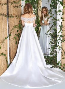 Style #1840L, satin a-line wedding dress with illusion neckline, and off the shoulder short sleeve, available in white, cream and ivory