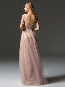Style #363, illusion neckline A-line evening gown with cap sleeves, embroidered top and V-back, available in green, pink