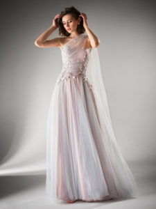 Style #402, A-line evening dress with one shoulder, available in ivory, lavender, peach