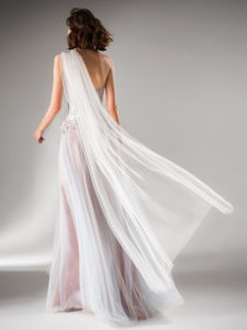 Style #402, A-line evening dress with one shoulder, available in ivory, lavender, peach