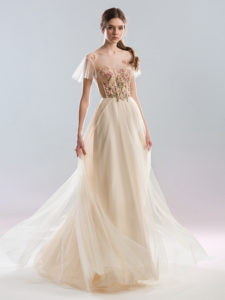 Style #405, Cap sleeved gown with floral details, available in powder, ivory, black, cherry, gray-blue, lavender, pink, nude