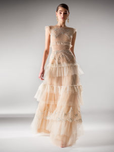 Style #409, A-line evening dress with tiered skirt, available in beige