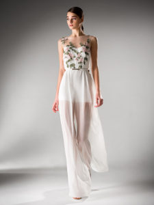 Style #410-8, Flowy jumpsuit with an illusion neckline, available in powder, ivory, black, red, berry
