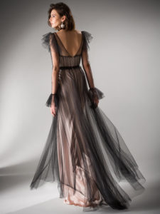 Style #414, Floor length evening gown with long sleeves, available in ivory-powder, black-powder