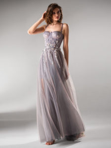 Style #415, A-line evening gown with bustier bodice, available in powder, gray, light green