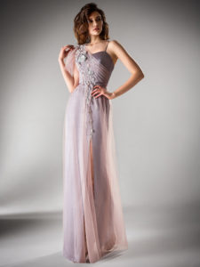 Style #416, One shoulder evening gown with a slit, available in powder, gray, light green