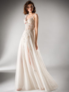 Style #421, A-line evening gown with a high slit and floral applique, available in nude, ivory