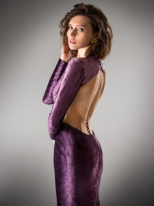 Style #432, Fitted evening gown with side cutouts, available in purple