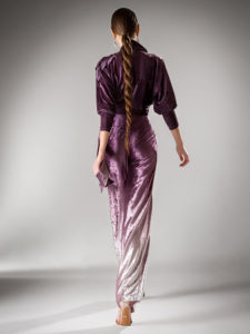 Style #433-8, Velvet wrap jumpsuit with dolman sleeves, available in purple
