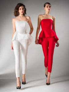 Style #435, Strapless peplum corset and skinny trousers, available in ivory, pink, red, blue