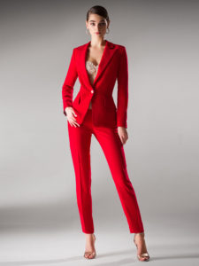 Style #439, Pantsuit with corset top, available in ivory, pink, red, blue