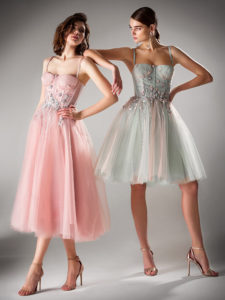 Style #440a, Style #440b, A-line dress with bustier bodice, available in pink, gray, light green