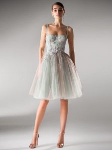 Style #440a, A-line dress with bustier bodice, available in pink, gray, light green
