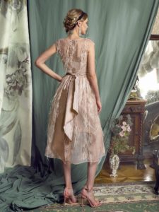 Style #444, Cocktail dress with feathers, available in pink-ivory