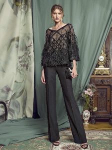 Style #447, Feathered top with pants, available in black