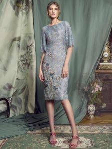 Style #464, Lace cocktail dress with bell sleeves, available in grey-blue