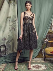 Style #466, A-line cocktail dress with feathered skirt and bustier bodice, available in black