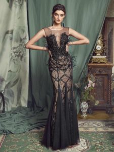 Style #467, Mermaid evening gown with feathers, available in black