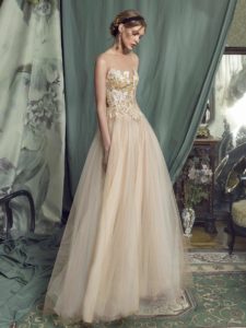 Style #472, Ball gown evening dress with sequinned embroidered top, available in beige, beige-green