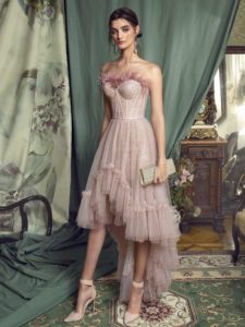 Style #474, High-low cocktail gown with feathered bustier bodice, available in black, pink-ivory, ivory, cherry