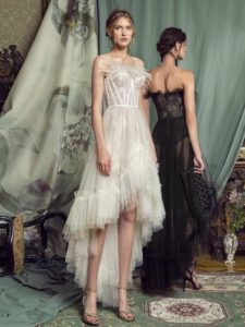 Style #474, High-low cocktail gown with feathered bustier bodice, available in black, pink-ivory, ivory, cherry