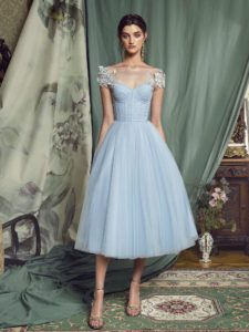 Style #481, A-line evening gown with floral cap sleeves and bustier bodice, available in black, pink-ivory, nude, ivory, grey-blue, lilac, cherry