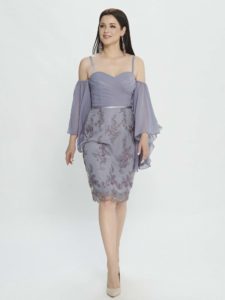 Style #M503, sheath dress with bell sleeves and embellished skirt, available in smoky, lilac