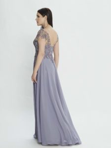 Style #M502, A-line evening gown with plunging neckline and embellishments, available in smoky