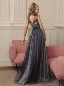 Style #500, A-line evening gown with illusion neckline and ruched bodice, available in black