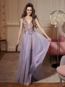 Style #502, A-line maxi dress with plunging illusion neckline and embellished bodice, available in lilac