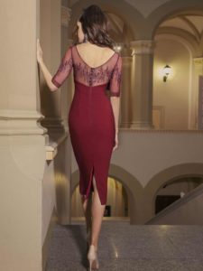 Style #510, sheath midi dress with zig zag embroidery and sweetheart bodice, available in black, powder, burgundy, ivory