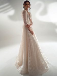 Style #2113, sequinned lace A-line wedding dress with three-quarter sleeves, available in cream, ivory