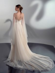 Style #2114, A-line wedding dress with cape sleeves, available in cream, ivory