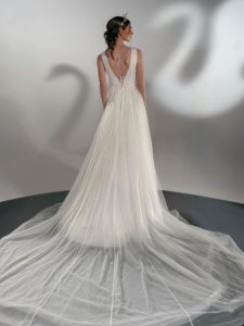 Style #2127a, A-line wedding dress with leaf embroidery, available in ivory