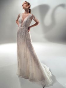 Style #2131, sparkly sheath wedding dress with V-neck, available in ivory