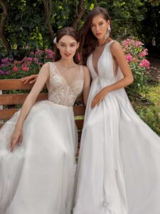Style #13018, available in ivory-nude, ivory; Style #13001, available in ivory, peach, sky blue