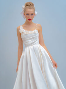 Style #2219L, ball gown wedding dress with spaghetti straps and 3D floral decor, available in ivory