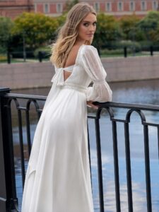 Square-neck wedding dress with long sleeves