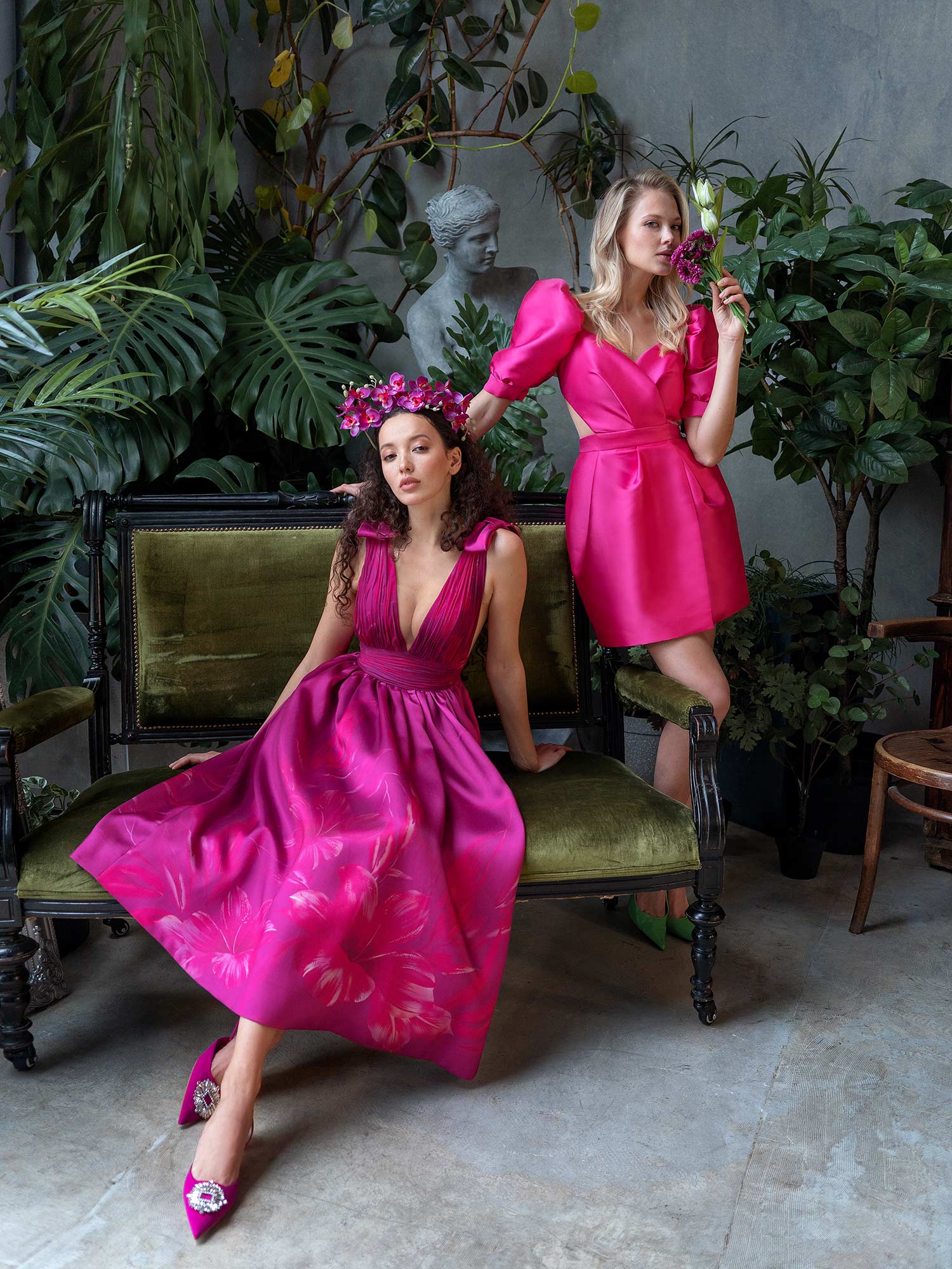 Style #706a, A-line floral print cocktail dress with V-neck draped bodice and bow accents; Style #712a, tea-length cocktail dress with puff sleeves and open back