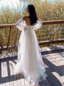 A-line wedding dress with 3D butterfly decor and detached bishop sleeves