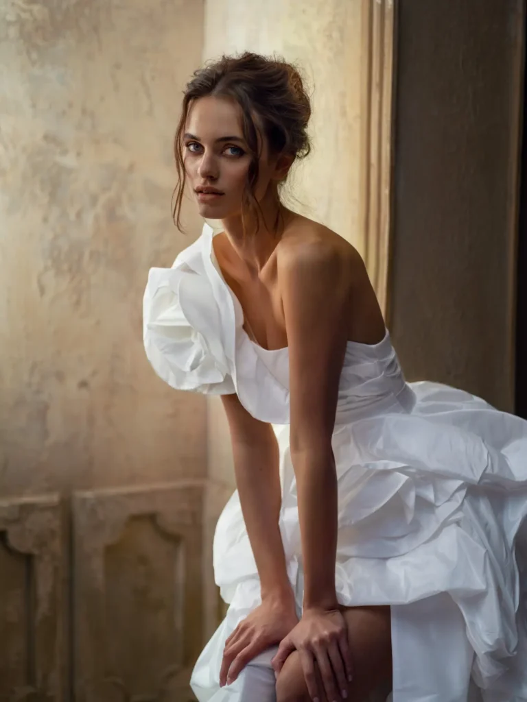 Bride in a modern asymmetrical wedding dress with a large shoulder ruffle, photographed in a stylish setting at Papilio Boutique, a unique bridal store in Toronto.