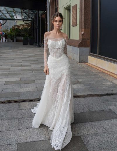 Ethereal bridal gown featuring exquisite lace and beading details, by Papilio Boutique Toronto bridal store.